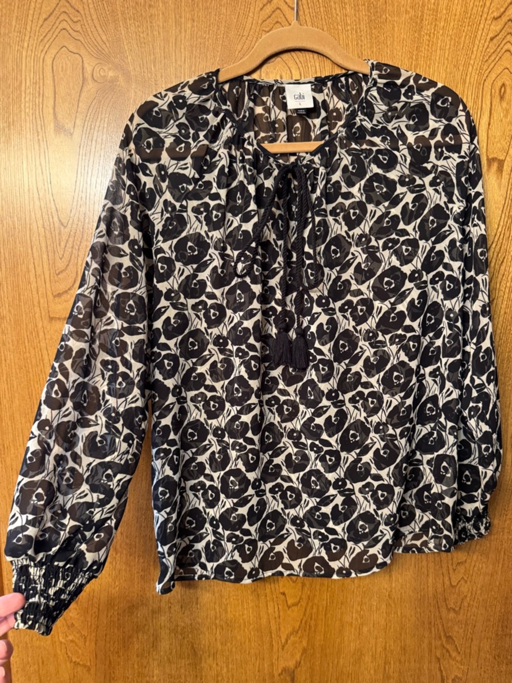 CAbi Black & White Floral Tie-Neck Blouse